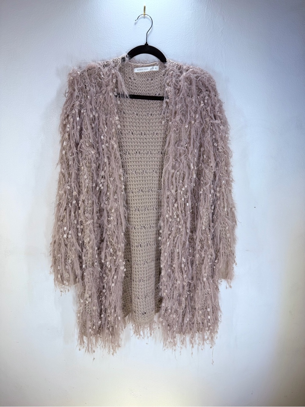 Altar'd State Blush Eyelash Fringe Open-Front Shag Cardigan Festival Desert